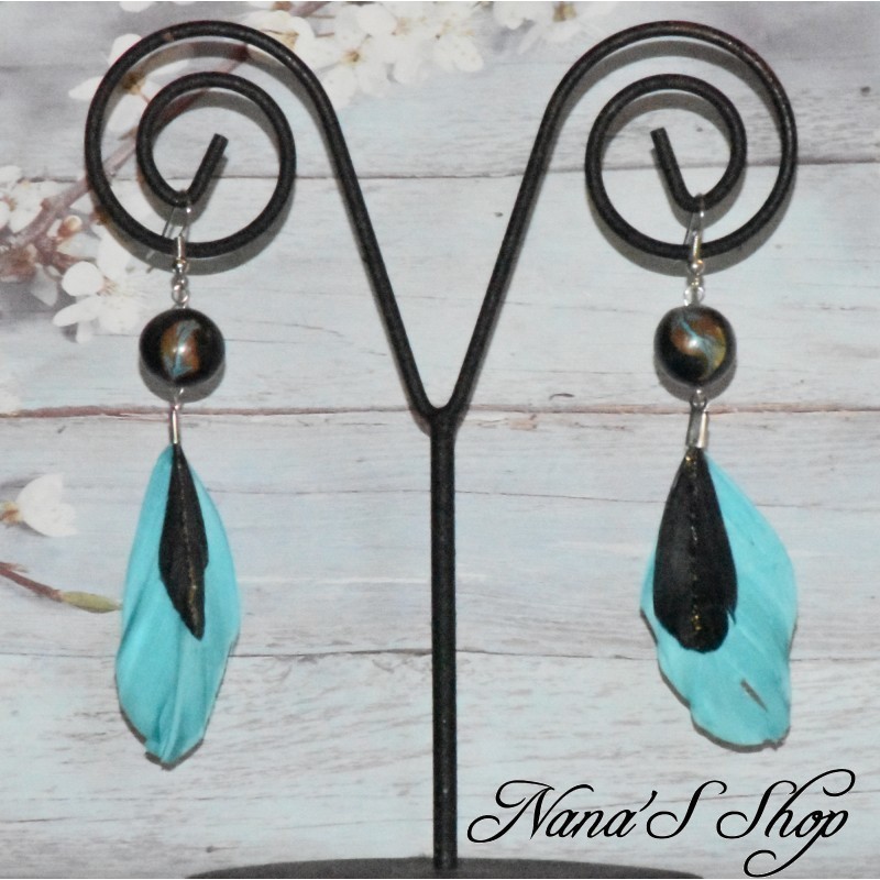 Boucles d'oreilles  fantaisie, plume, Indian Summer, coloris noir et turquoise.