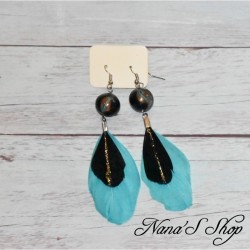 Boucles d'oreilles  fantaisie, plume, Indian Summer, coloris noir et turquoise.