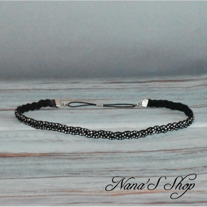 Headband tressé, en suédine strass argenté, coloris noir.