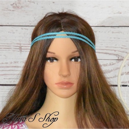 Headband double cordon tressé, simili cuir, coloris bleu turquoise.