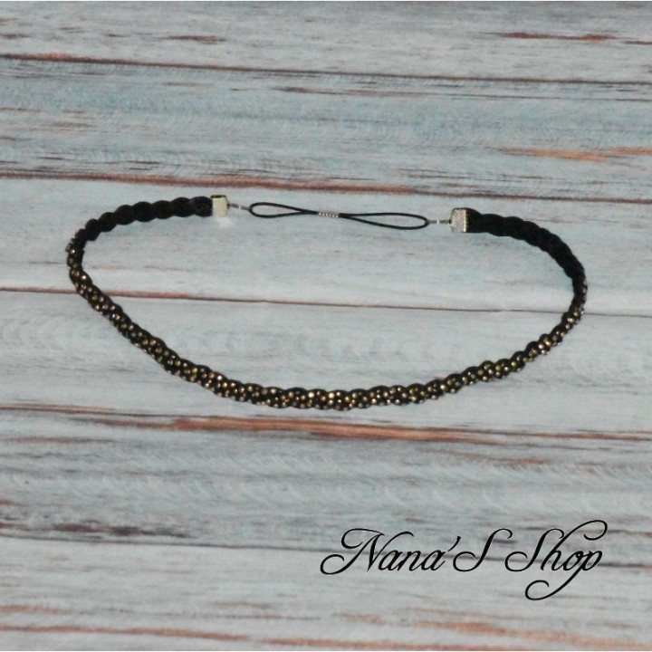 Headband tressé en suédine strass doré, coloris noir.