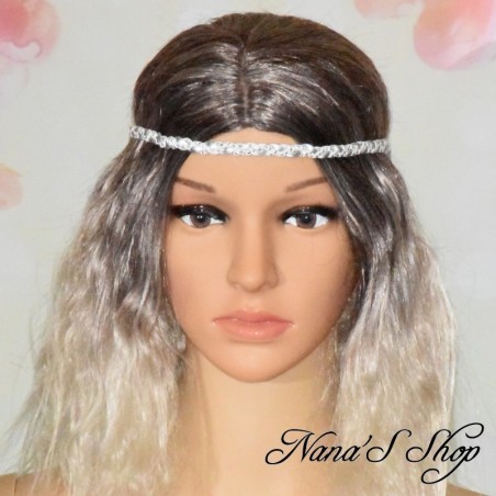 Headband tressé bicolore, suédine uni et strass, coloris argenté et blanc.