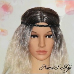 Headband tressé en suédine uni et strass argenté, coloris noir.