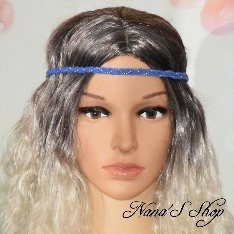 Headband tressé en suédine uni et strass argenté, coloris bleu.