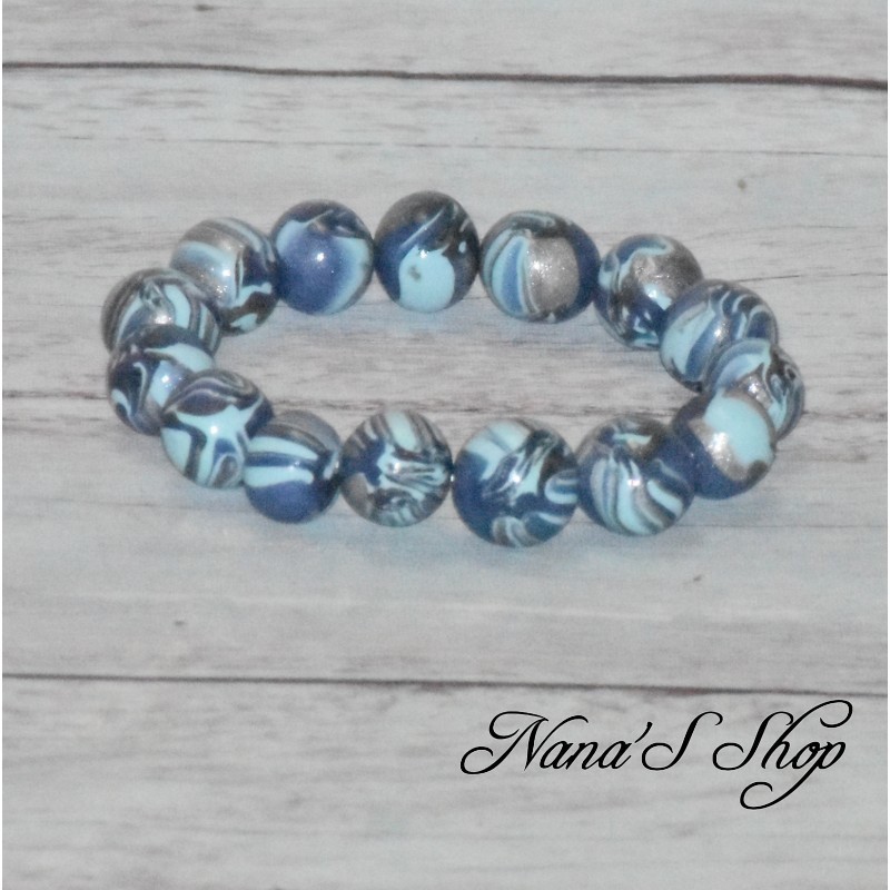 Bracelet unique perles pâte polymère, coloris bleu pastel.