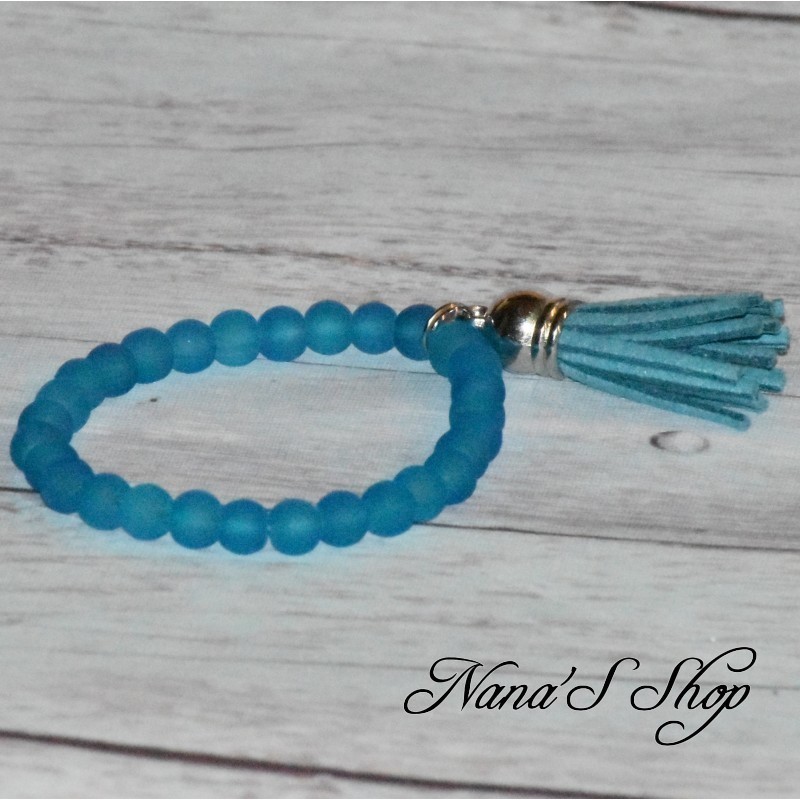 Bracelet fantaisie, perles en verre dépoli et tassel, coloris bleu.