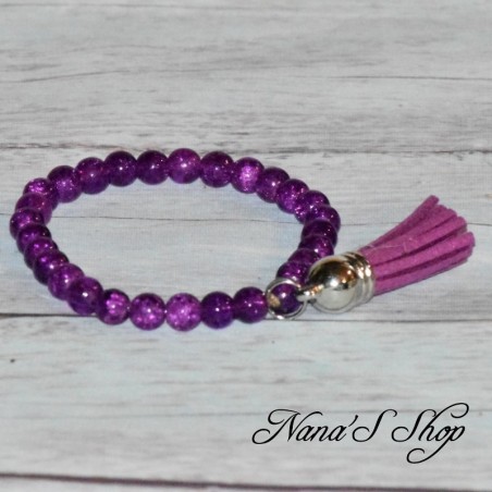 Bracelet fantaisie, perles de verre craquelés  et tassel, coloris violet.