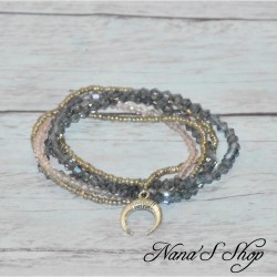 Bracelets en perles, pendentif cornes en Demi-lune, coloris bleue et mauve.