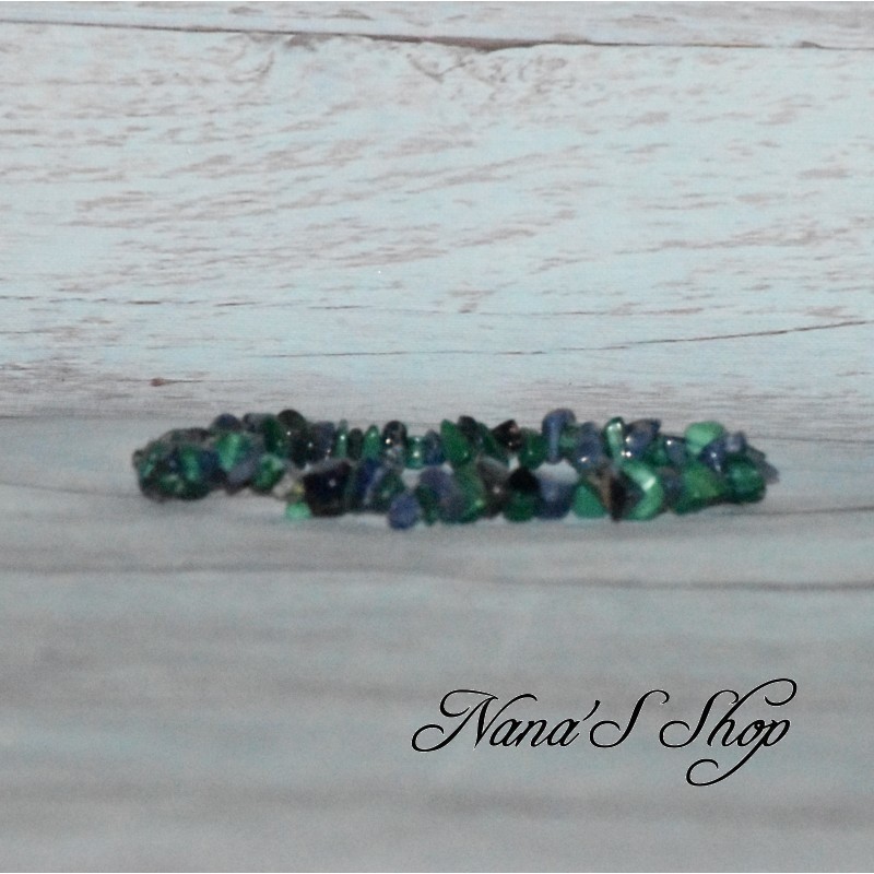 Bracelet élastique perles chips pierre Sodalite et Malachite, ton bleu et vert.