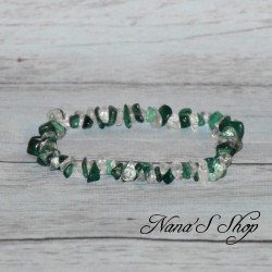 Bracelet élastique perles chips pierre Malachite et Quartz, ton vert et transparent.