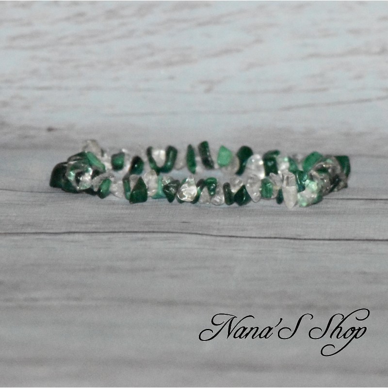 Bracelet élastique perles chips pierre Malachite et Quartz, ton vert et transparent.