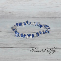 Bracelet élastique perles chips pierre Quartz et Lapis Lazulis, ton transparent et bleu.