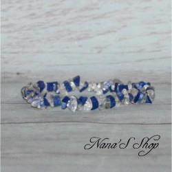 Bracelet élastique perles chips pierre Quartz et Lapis Lazulis, ton transparent et bleu.