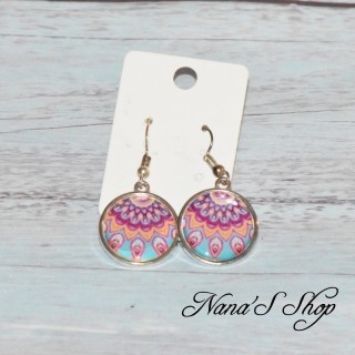 Boucles d'oreilles cabochons rosace, petit modèle, coloris bleu et violet, modèle 4.