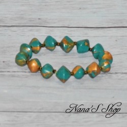Bracelet élastique, perles colorées et dorées, coloris vert turquoise.