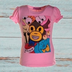 T-shirt fille,  impression singe et strass, coloris rose pâle.
