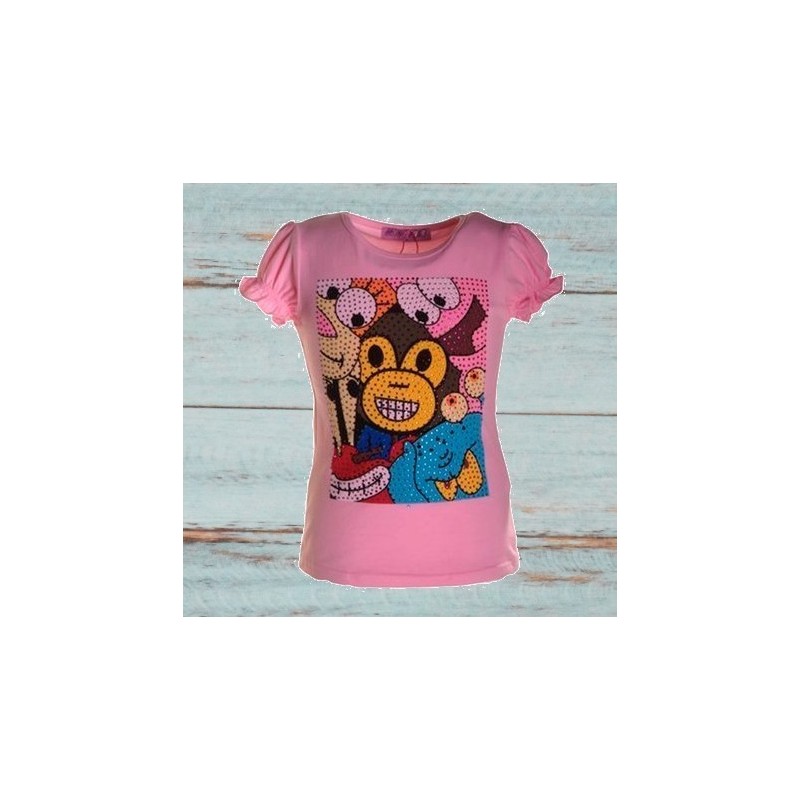 T-shirt fille,  impression singe et strass, coloris rose pâle.