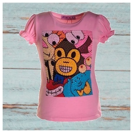 T-shirt fille,  impression singe et strass, coloris rose pâle.