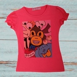 T-shirt fille,  impression singe et strass, coloris rose fuchsia.