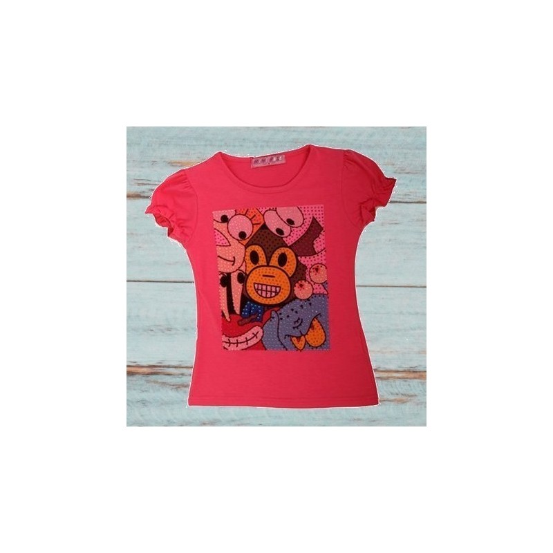 T-shirt fille,  impression singe et strass, coloris rose fuchsia.