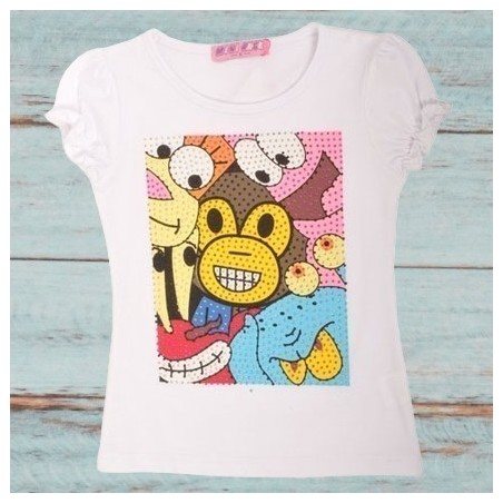 T-shirt fille, impression singe et strass, coloris blanc. T-shirt fille, impression singe et strass, coloris blanc.