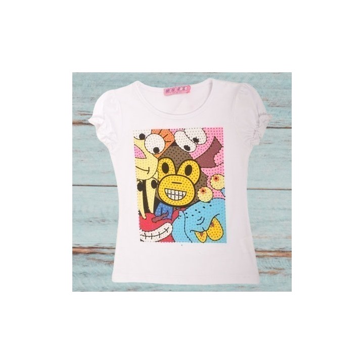 T-shirt fille,  impression singe et strass, coloris blanc.