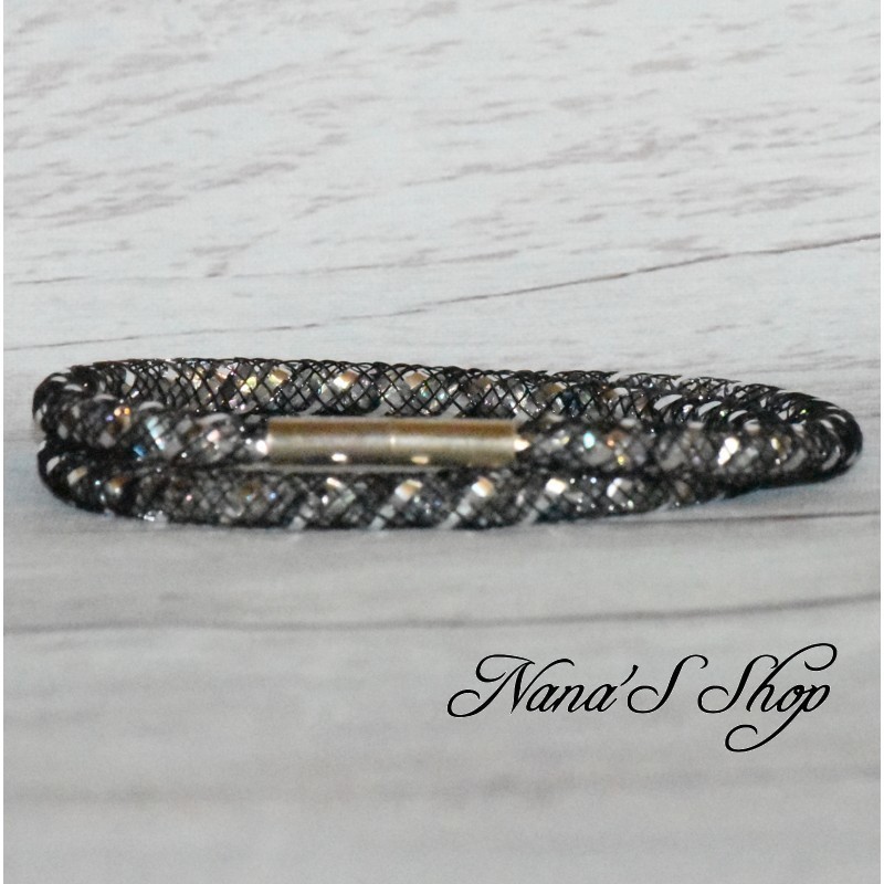 Collier / bracelet double, fine résille noire, effet stardust, coloris argent.