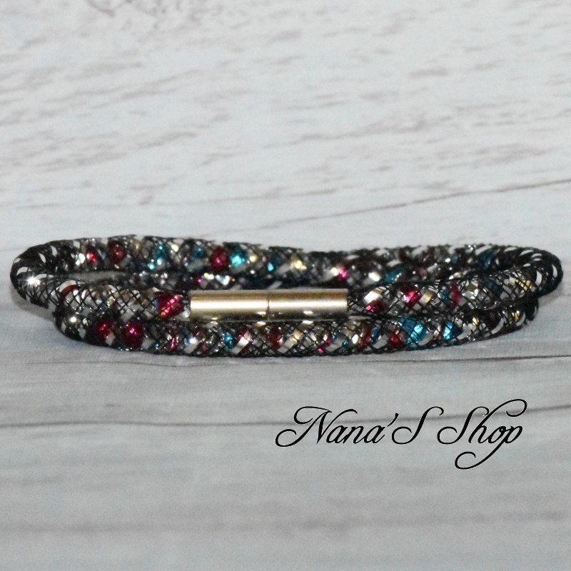 Collier / bracelet double, fine résille noire, effet stardust, coloris multicolore.