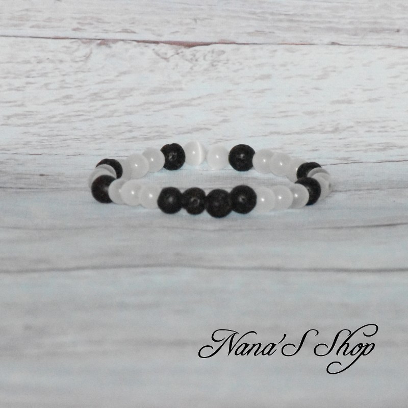 Bracelet diffuseur huile essentielle, œil de chat et perles de lave, coloris transparent. Bracelet diffuseur huile essentielle, œil de chat et perles de lave, coloris transparent.