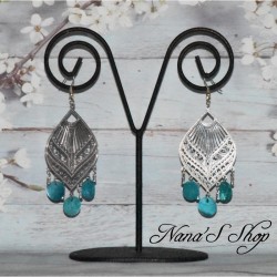 Boucles d'oreilles fantaisie, estampe et rond en nacre, coloris bleu.