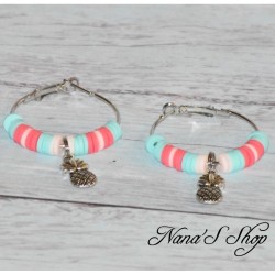 Créoles fantaisie colorées, perles Heishi et pendentif ananas, modèle 1.
