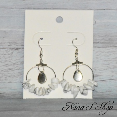 Boucles d'oreilles pierre Howlite marbré, coloris blanc.