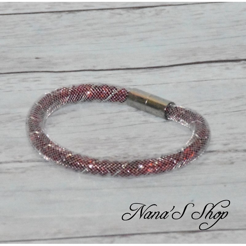 Bracelet fantaisie, grosse résille blanche, Stardust, coloris bordeaux. Bracelet fantaisie, grosse résille blanche, Stardust, coloris bordeaux.