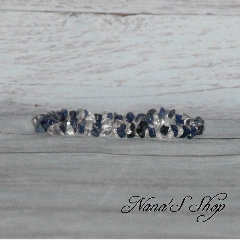 Bracelet élastique perles chips pierre Quartz et Sodalite, ton transparent et bleu.