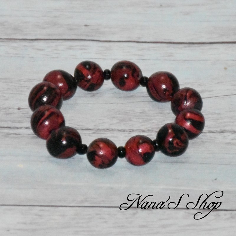Bracelet grosse perles colorées, pâte polymère, couleur vive, coloris rouge.