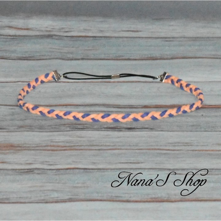 Headband bicolore tressé, en suédine, coloris corail et bleu royal.